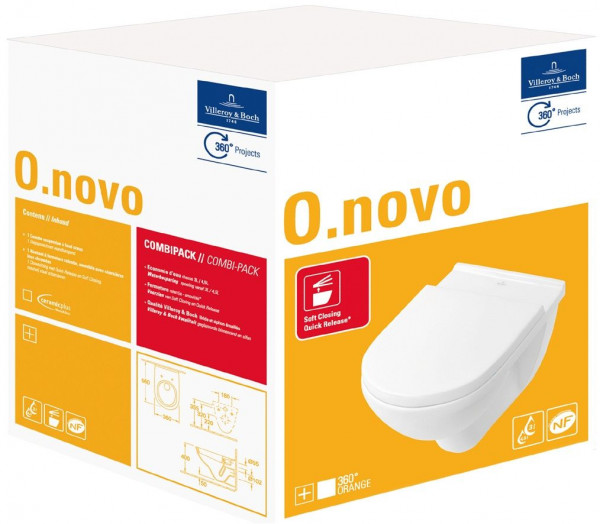 WC Sospeso Villeroy e Boch O.novo Bianco Sedile WC Soft Close Quick-release 3in1 5660H1R1 + 92242700+ 92248568