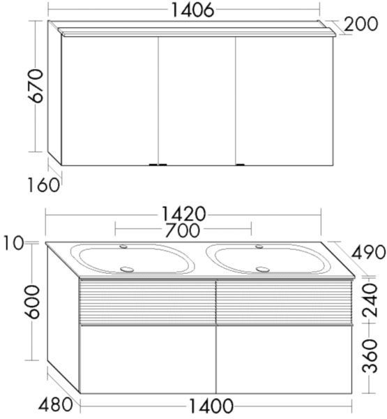 Bagno Completo Burgbad Fiumo 4 cassetti, di cui 2 plissettati, armadio a specchio a 3 ante, doppio lavabo 1420mm Grigio Agata SGGT142-PN491