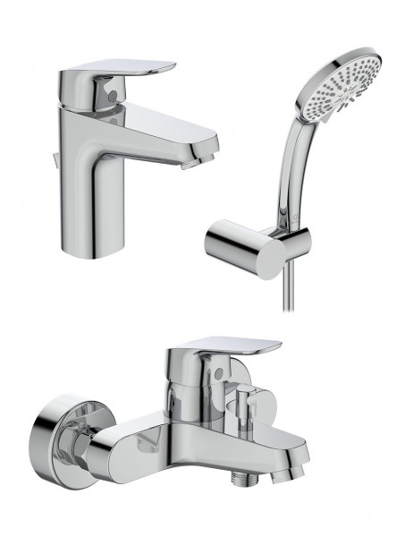 Set doccia Ideal Standard CERAFLEX con barra, soffione a 3 getti e miscelatore per lavabo cromato