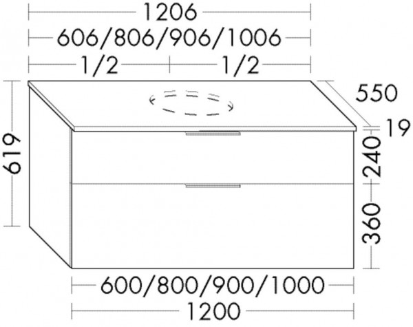 Mobile Per Lavabo Da Appoggio Burgbad Eqio 2 cassetti 606x619mm Personalizzabile WXXH060-PN258